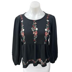American Eagle Black Floral Embroidered Long Sleeve Cutout Peplum Blouse Top M